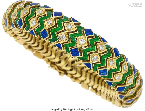 55016: Diamond, Enamel, Gold Bracelet, circa 1970 Ston