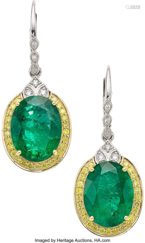55028: Emerald, Diamond, Colored Diamond, Gold Earrings