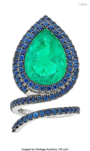 55035: Colombian Emerald, Sapphire, White Gold Ring S