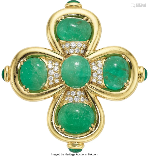 55040: Marlene Stowe Emerald, Diamond, Gold Brooch St