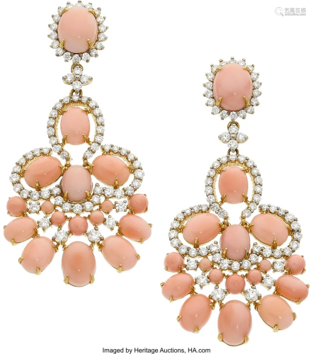 55130: Diamond, Coral, Gold Earrings Stones: Full-cut