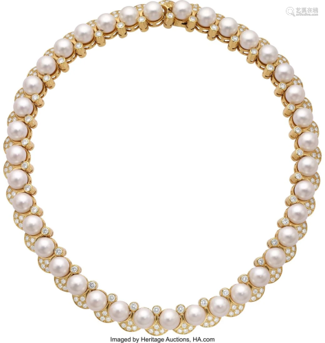 55144: Diamond, Cultured Pearl, Gold Necklace Stones: