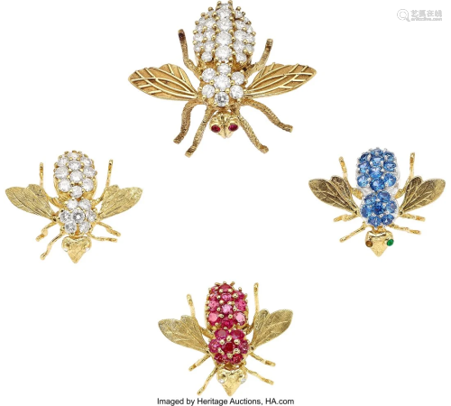 55146: Diamond, Ruby, Sapphire, Gold Brooches Stones: