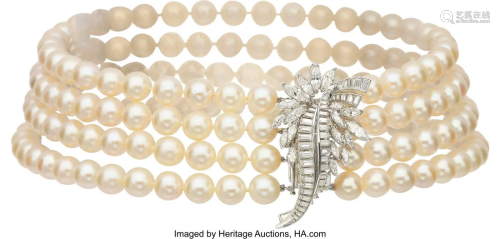 55159: Cultured Pearl, Diamond, Platinum Necklace Sto