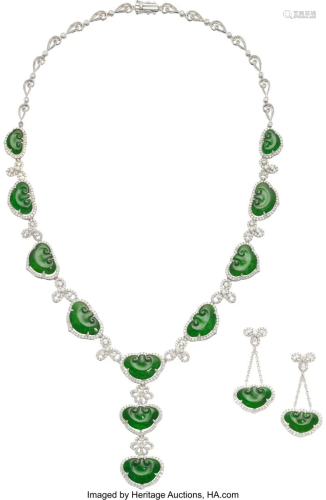 55161: Jadeite Jade, Diamond, White Gold Jewelry Suite