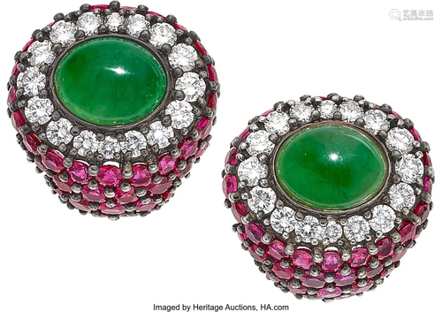 55169: Jadeite Jade, Ruby, Diamond, White Gold Earrings