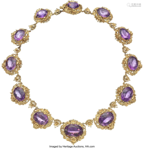 55190: Antique Amethyst, Gold Necklace Stones: Oval-sh