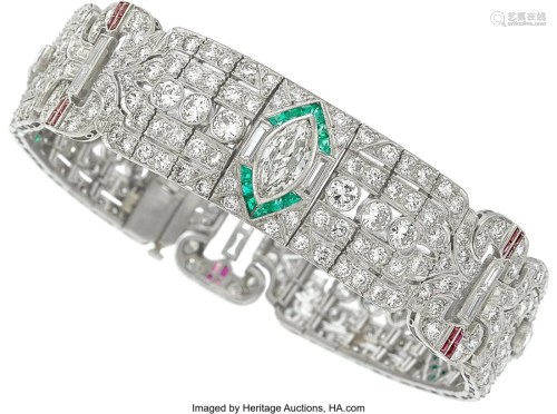 55200: Art Deco Diamond, Emerald, Ruby, Platinum Bracel