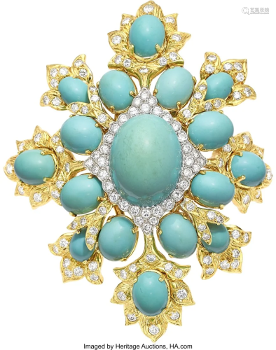 55214: Turquoise, Diamond, Platinum, Gold Pendant-Brooc