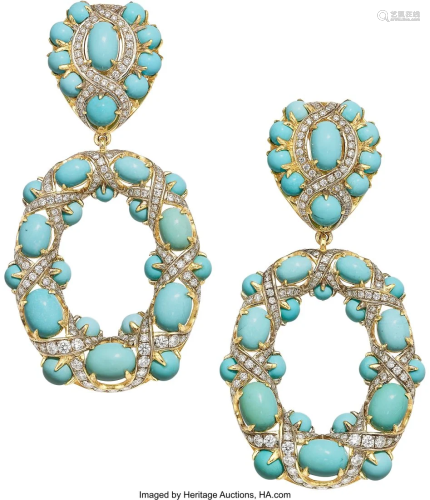 55216: Turquoise, Diamond, Gold Earrings Stones: Turq