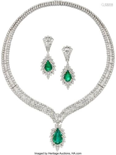 55222: Emerald, Diamond, White Gold Jewelry Suite Sto