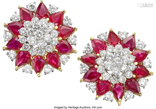 55247: Burma Ruby, Diamond, Gold Earrings Stones: Pea