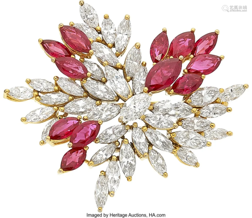 55345: Diamond, Ruby, Gold-Plated Platinum Brooch Ston