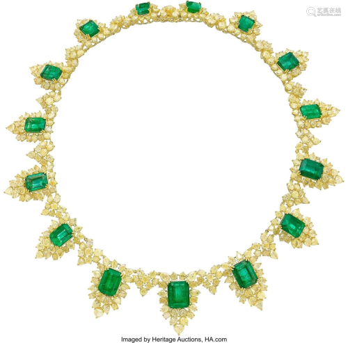 55358: Emerald, Colored Diamond, Gold Necklace Stones