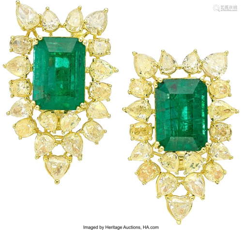 55359: Emerald, Colored Diamond, Gold Earrings Stones