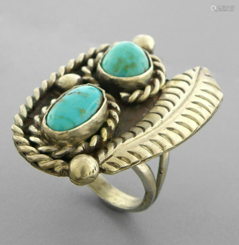 VINTAGE NAVAJO STERLING SILVER TURQUOISE FEATHER RING