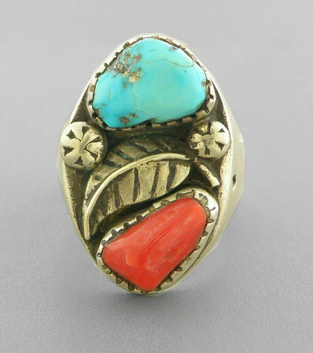 VINTAGE NAVAJO STERLING SILVER TURQUOISE CORAL RING