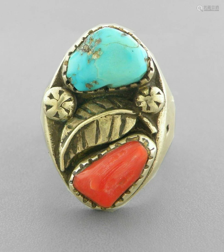 VINTAGE NAVAJO STERLING SILVER TURQUOISE CORAL RING