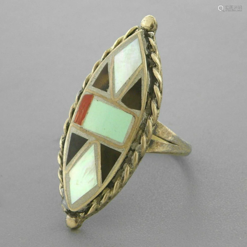 VINTAGE SOUTHWESTERN SILVER MOP CORAL TURQUOISE RING