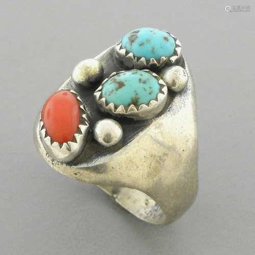 VINTAGE SOUTHWESTERN SILVER CORAL TURQUOISE RING