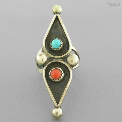 VINTAGE NAVAJO STERLING SILVER CORAL & TURQUOISE RING