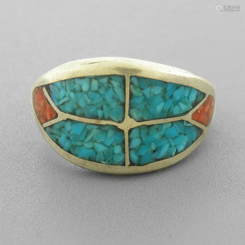 VINTAGE NAVAJO STERLING SILVER CORAL & TURQUOISE RING