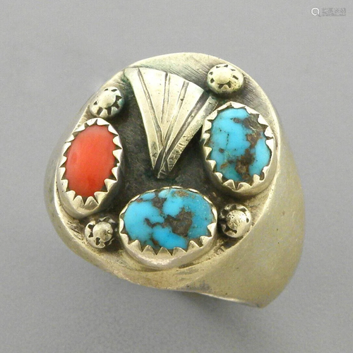 VINTAGE BEAUTIFUL NAVAJO SILVER TURQUOISE CORAL RING