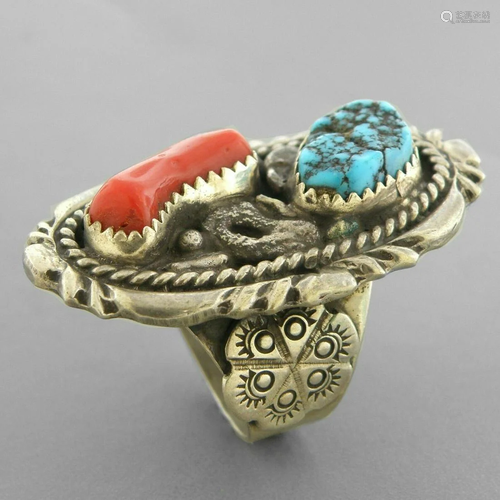 VINTAGE SOUTHWESTERN STERLING CORAL TURQUOISE RING