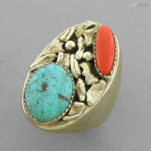 VINTAGE SOUTHWESTERN STERLING CORAL TURQUOISE RING