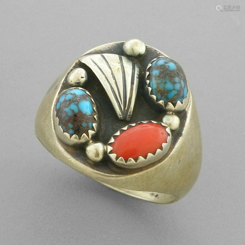 VINTAGE NAVAJO STERLING SILVER TURQUOISE CORAL RING