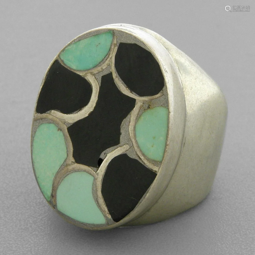 VINTAGE SOUTHWESTERN STERLING ONYX TURQUOISE RING