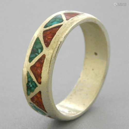 VINTAGE NAVAJO SILVER CORAL & TURQUOISE INLAY RING