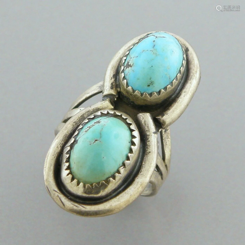 VINTAGE BEAUTIFUL NAVAJO STERLING SILVER DOUBLE TURQUOISE RI...