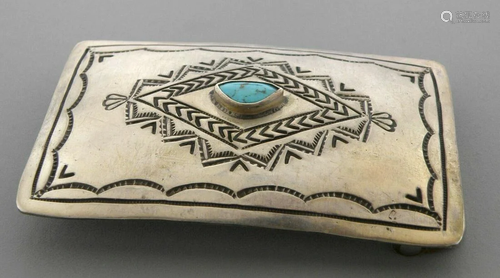 VINTAGE NAVAJO STERLING SILVER TURQUOISE BELT BUCKLE