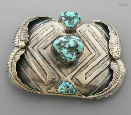 VINTAGE NAVAJO STERLING SILVER TURQUOISE BELT BUCKLE