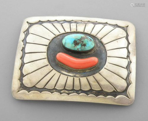 VINTAGE NAVAJO SILVER CORAL TURQUOISE BELT BUCKLE