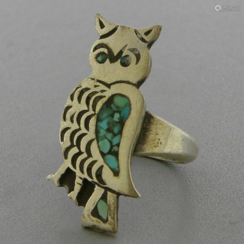 VINTAGE SOUTHWESTERN STERLING TURQUOISE OWL INLAY RING