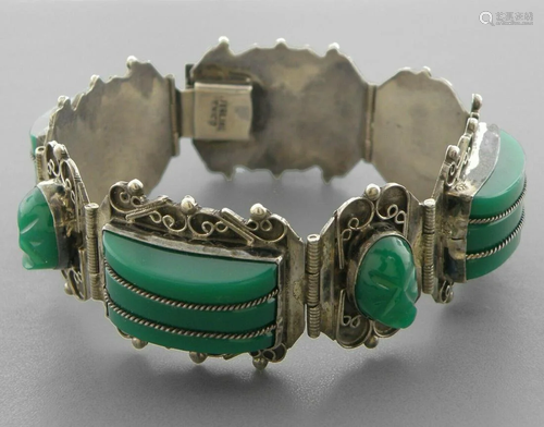 VINTAGE STERLING SILVER GREEN ONYX AZTECH MASK BRACELET