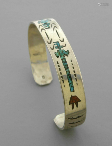 VINTAGE NAVAJO STERLING CORAL TURQUOISE INLAY CUFF