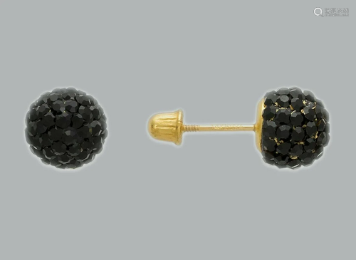 14K YELLOW GOLD STUD ENAMEL BLACK CZ BALL EARRINGS