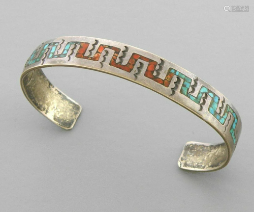 VINTAGE NAVAJO SILVER CORAL TURQUOISE INLAY CUFF