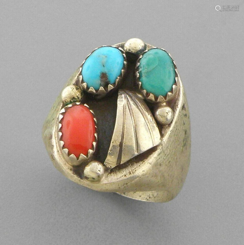 VINTAGE BEAUTIFUL NAVAJO SILVER TURQUOISE CORAL RING