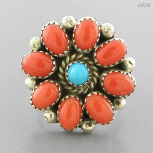 VINTAGE NAVAJO STERLING CORAL TURQUOISE FLOWER RING