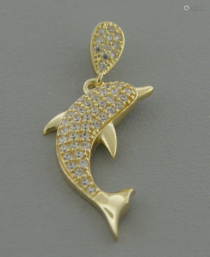 NEW 14K YELLOW GOLD LADIES FANCY DOLPHIN CZ PENDANT