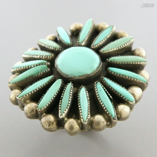 VINTAGE ZUNI PETIT POINT STERLING SILVER TURQUOISE FLOWER RI...