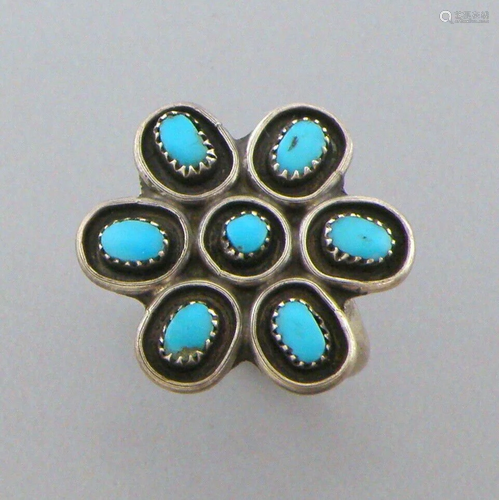 VINTAGE ZUNI PETIT POINT STERLING SILVER TURQUOISE FLOWER RI...