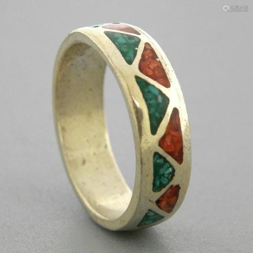 VINTAGE NAVAJO STERLING CORAL TURQUOISE INLAY RING