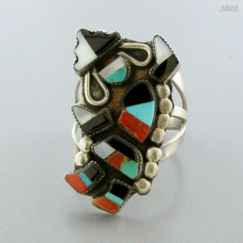 VINTAGE ZUNI STERLING DANCING KACHINA TURQUOISE RING