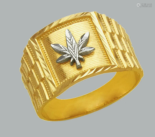 14K TWO TONE GOLD MENS DIAMOND CUT RING MARIJUANA LEAF