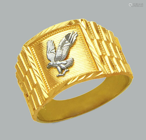 14K TWO TONE GOLD MENS DIAMOND CUT RING EAGLE